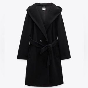 ZARA Women Black Coat Hooded and Belted